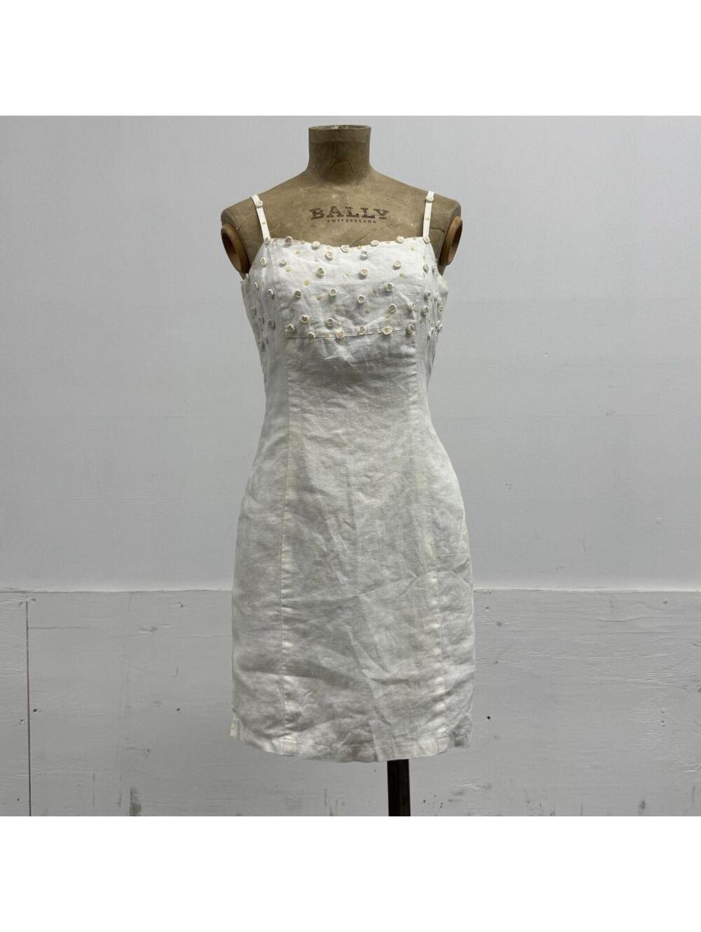 Vintage Y2K René Derhy Embellished White Linen Summer Dress